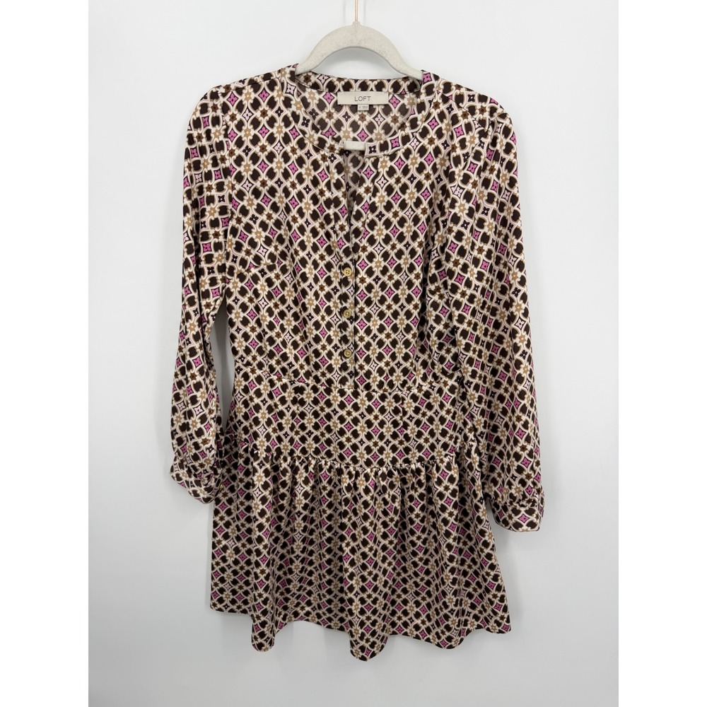 LOFT Geometric Tile Print Drop Waist Dress sz 4 Brown Pink Long‎ Sleeve Flounce